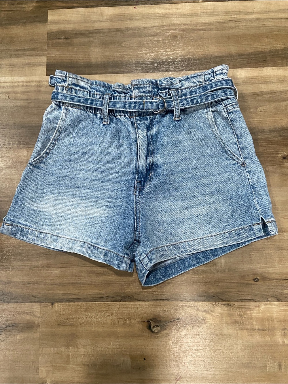 KanCan Light Blue Paperbag-Waist Denim Shorts with Self Belt